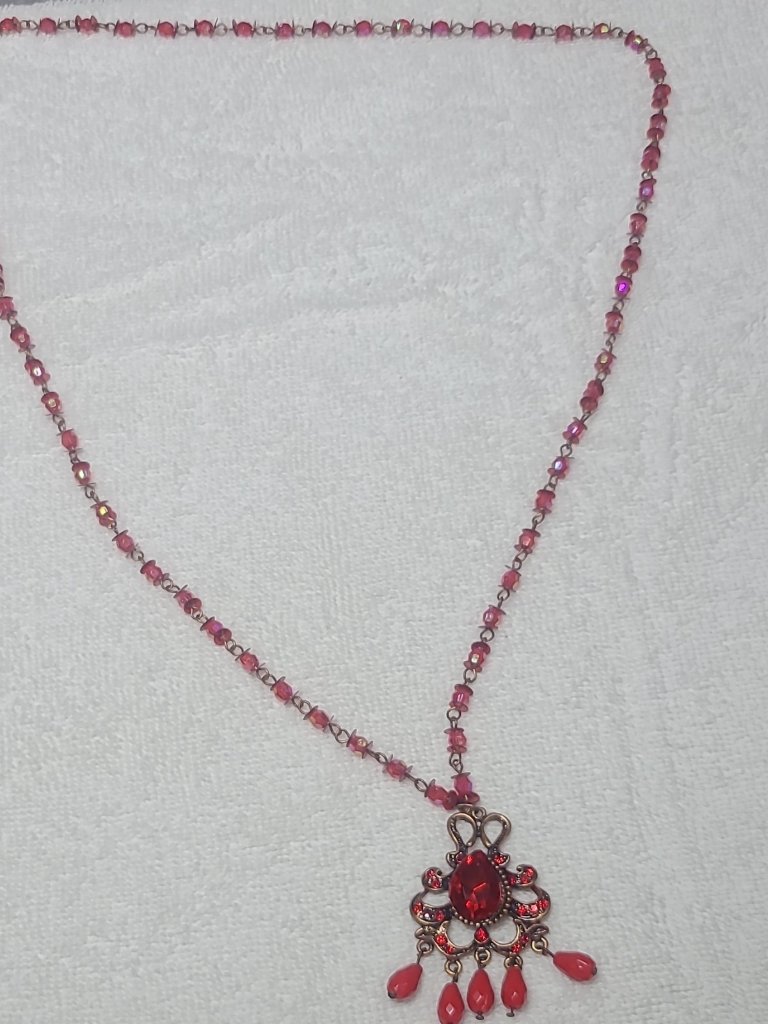 Handcrafted Red Glass Beaded Necklace With Copper Asymmetrical Pendant